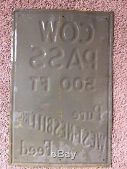 VINTAGE WEST-NESBITT COW PASS Sign embossed tin metal farm feed seed YELLOW RED