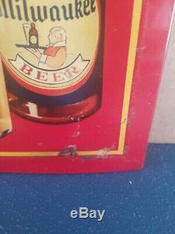 (VTG) 1930s Old Milwaukee Beer waiter toc tin over cardboard sign schlitz rare