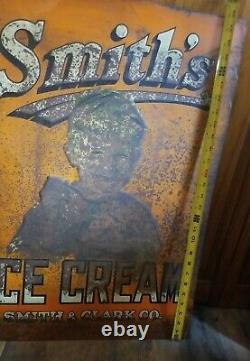 VTG Embossed Smith's Ice Cream Tin Sign Original Advertising Smith Clark Co RARE