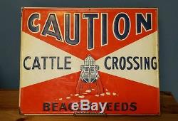 VTG Rare Original Beacon Feeds Cattle Crossing Tin Embossed Sign Lighthouse 18