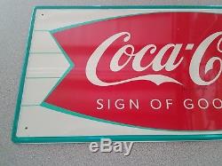 Very nice 1960s Vintage COCA COLA FISHTAIL & BOTTLE Old Original Tin Sign 12x32