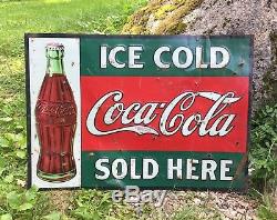 Vintage 1916 Bottle ORIGINAL Ice Cold COCA COLA Sold Here Tin Embossed Sign