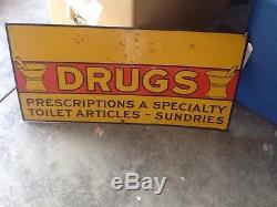 Vintage 1920's DRUGS Tin Metal Sign Pharmacy Doctor Country Store RX Medicine FS
