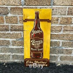 Vintage 1920's Tower Ye Olde Fashioned Root Beer Tin Tacker Embossed Sign Soda