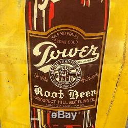 Vintage 1920's Tower Ye Olde Fashioned Root Beer Tin Tacker Embossed Sign Soda