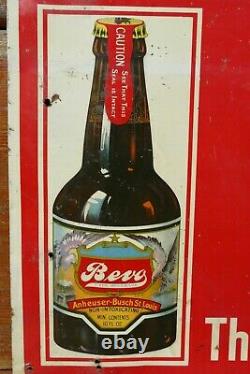 Vintage 1920s Prohibition Anheuser Busch Bevo All Year Round Soft Drink Tin Sign