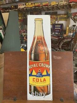 Vintage 1930 Royal Crown RC Cola Soda Bottle Metal Tin Tacker Sign 25 x 7