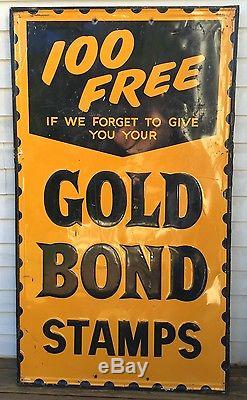 Vintage 1930's 5'x3' GOLD BOND STAMPS Embossed Tin Advertising Sign Great Shape