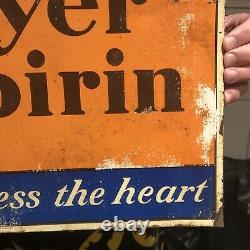 Vintage 1930s Bayer Aspirin Aches & Pains Advertising Sign Tin Metal Rare