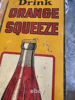 Vintage 1930s Orange Squeeze Embossed Tin Vertical Sign