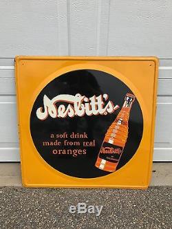 Vintage 1940's 28 Nesbitt's Bottle Soda Pop Single Sided Embossed Tin Sign