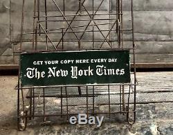 Vintage 1940s New York TImes NEWSPAPER wire RACK TIN SIGN NY advertising