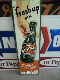 Vintage 1950 7up Embossed Tin Sign 43 X 12-3/4 Fresh Up With 7up Vert. Sign