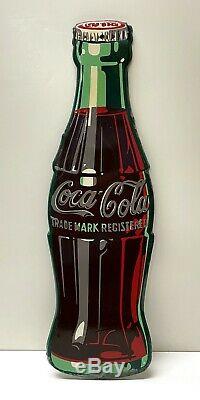 Vintage 1950's Coca Cola Coke Bottle Embossed Metal Tin Sign