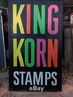 Vintage 1950's LARGE KING KORN STAMPS Embossed Tin Advertising Sign Great Shape