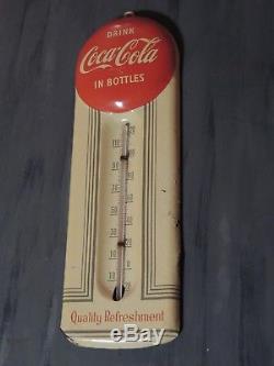 Vintage 1950's RED BUTTON, COCA COLA THERMOMETER, TIN SIGN