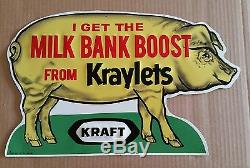 Vintage 1950s 60's Kraft Kraylets Pig Hog Feed Farm Embossed Tin sign NEAR MINT