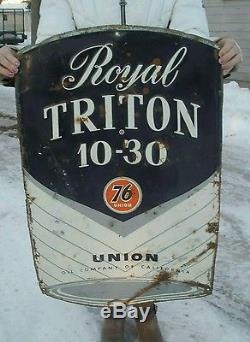 Vintage 1950s-60s Union 76 Royal Triton Motor Oil metal tin can shaped sign RARE