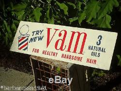 Vintage 1950s Metal Advertising Display Sign Barber Shop Pole VAM HAIR Razor Tin