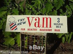 Vintage 1950s Metal Advertising Display Sign Barber Shop Pole VAM HAIR Razor Tin