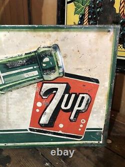 Vintage 1950s Seven-Up 7UP Soda Bottle Metal Tin Advertising Sign