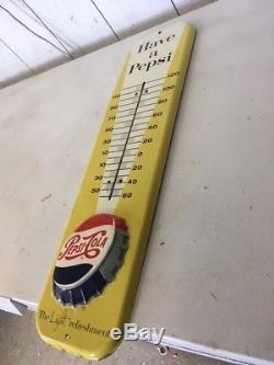 Vintage 1954 Embossed Tin Pepsi Cola Thermometer Sign Works, Great Condition