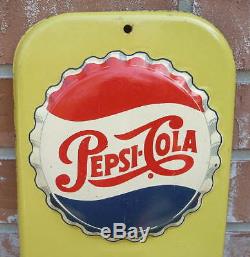 Vintage 1955 PEPSI Cola Soda Embossed Metal Tin Thermometer Sign 27 x 7