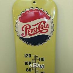 Vintage 1955 PEPSI Cola Soda Embossed Metal Tin Thermometer Sign 27 x 7
