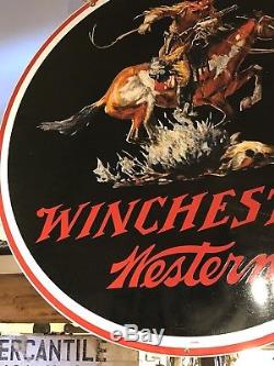 Vintage 1960 New Old Stock NM+ Winchester Western Round Double Sided Tin Sign