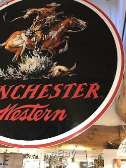 Vintage 1960 New Old Stock NM+ Winchester Western Round Double Sided Tin Sign