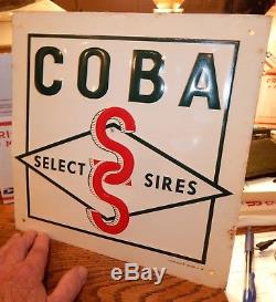 Vintage 1967 Coba Select Sires White Green + Red Tin Sign / Cattle Breeding