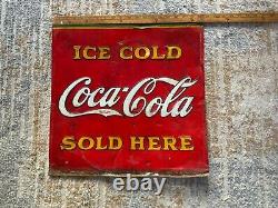 Vintage 19 ICE COLD COCA COLA SOLD HERE Tin Sign 1930's cooler