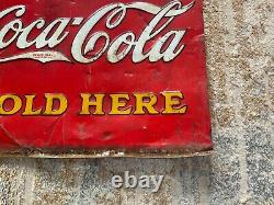 Vintage 19 ICE COLD COCA COLA SOLD HERE Tin Sign 1930's cooler