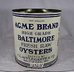 Vintage 1 Gal ACME Brand APPLEGARTH Fresh OYSTERS tin can BEST of BEST EX++