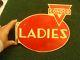 Vintage 2-sided Conoco Gas Oil Ladies Tin Restroom Flange Sign Red & White
