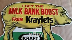 Vintage 50's 60's Kraft Kraylets Pig Hog Feed Farm Embossed Tin sign NEAR MINT Q