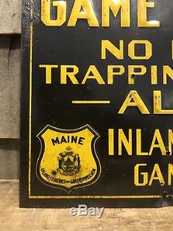 Vintage 50s NO HUNTING TRAPPING FIREARMS MAINE Game Preserve Tin Embossed Sign