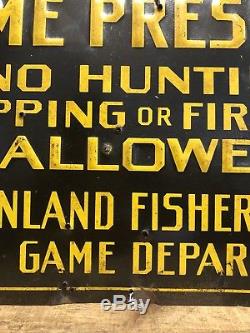 Vintage 50s NO HUNTING TRAPPING FIREARMS MAINE Game Preserve Tin Embossed Sign