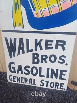 Vintage 5 Miles To Walker Bros Gasoline & General Store Tin Advertising Sign
