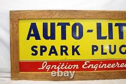 Vintage AUTO-LITE Spark Plugs TIN SIGN Wood Frame AUTOMOTIVE ADVERTISING 15x32
