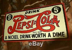 Vintage! Advertising tin Drink Pepsi Cola 5¢ Soda Pop Metal Nickel Drink-Worth