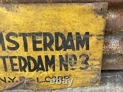 Vintage Amsterdam Rotterdam Metal Sign Primitive Sign Antique Yellow Tin 8x13