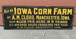 Vintage Antique Buy an Iowa Corn Farm Scioto Sign Co. Embossed Tin Sign