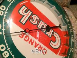 Vintage Antique Orange Crush Pam Clock Co Cap Tin Non Porcelain Thermometer Sign