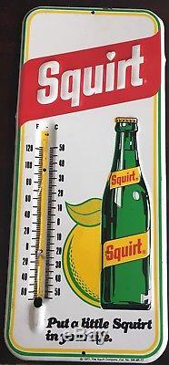 Vintage Antique SQUIRT Soda Cola Bottle Tin Metal Non Porcelain Thermometer Sign