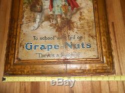 Vintage Antique Tin Litho Post Grape Nuts Self Framed Advertising Sign Girl Dog