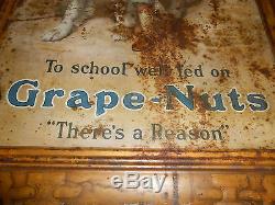 Vintage Antique Tin Litho Post Grape Nuts Self Framed Advertising Sign Girl Dog
