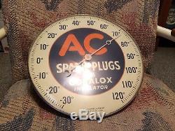 Vintage Antique Tin Metal Non Porcelain AC Spark Plugs Thermometer Sign Gas Oil