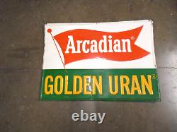 Vintage Arcadian Golden Uran Tin Metal Seed Crop Fertillizer Farm Sign