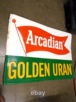 Vintage Arcadian Golden Uran Tin Metal Seed Crop Fertillizer Farm Sign